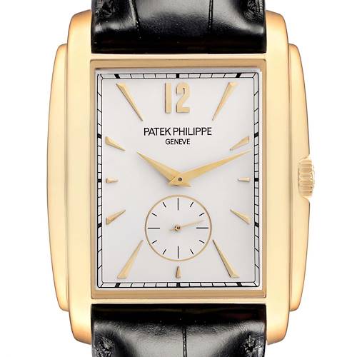 The Patek Philippe Gondolo 5124J 5124J Men's Yellow Gold Silver Dial watch is shown from the front, highlighting its rectangular face, gold case, and leather strap.