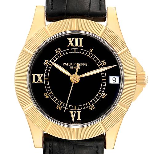 The image shows a frontal view of the Patek Philippe Neptune 5081 Men's Yellow Gold Black Dial 5081 Men's Yellow Gold Black Dial model watch, highlighting its black dial, gold case, Roman numerals, and date display.