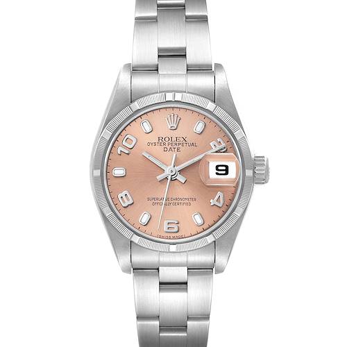 The Rolex Date 79190 Women's Stainless Steel Pink Dial 79190 Women's Stainless Steel Pink Dial watch is shown from the front, displaying the face, bezel, case, crown, and bracelet.