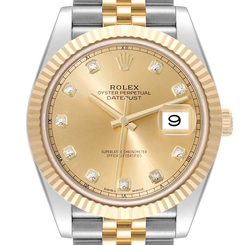 The image shows a Rolex Datejust 41 126333 Men's Steel and Gold (two tone) Champagne Dial 126333 Men's Steel and Gold (two tone) Champagne Dial from a front angle, highlighting its gold dial, date window, and two-tone bracelet.