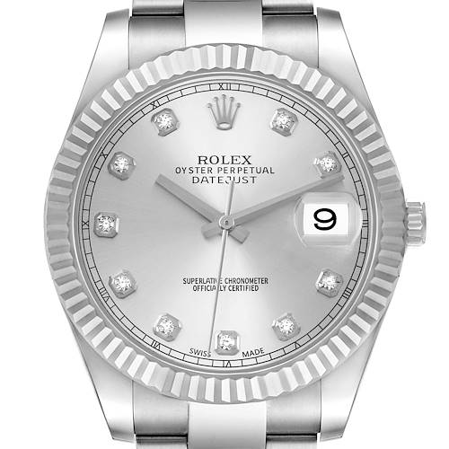 The image shows a front view of the Rolex Datejust 41 116334 Men's Stainless Steel Silver Dial 116334 Men's Stainless Steel Silver Dial watch, highlighting the dial, bezel, and part of the bracelet.