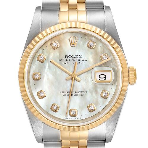The image shows a frontal view of a Rolex Datejust 16233 Men's Steel and Gold (two tone) Mother of Pearl Dial 16233 Men's Steel and Gold (two tone) Mother of Pearl Dial watch, highlighting its dial, bezel, crown, and bracelet.