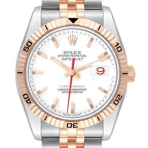 The image shows the Rolex Turn-o-Graph 116261 Men's Steel and Gold (two tone) White Dial 116261 Men's Steel and Gold (two tone) White Dial watch from the front, highlighting the dial, bezel, and part of the bracelet.