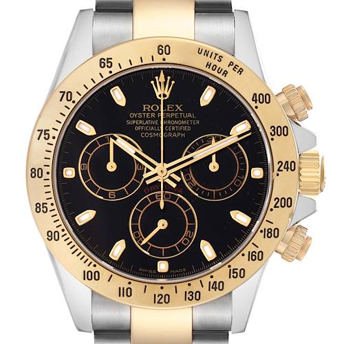 The Rolex Daytona 116523 Men's Steel and Gold (two tone) Black Dial watch is shown from the front, highlighting the dial, bezel, and pushers.