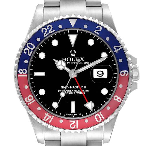 This Rolex GMT-Master 16710 Men's Stainless Steel Black Dial 16710 Men's Stainless Steel Black Dial II watch is shown from a front angle, displaying the oyster bracelet, black dial, and dual-colored bezel.