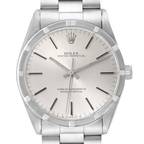 The image shows a top view of the Rolex Vintage Collection 1007 Men's Stainless Steel Silver Dial 1007 Men's Stainless Steel Silver Dial, highlighting the dial, bezel, crown, and bracelet.