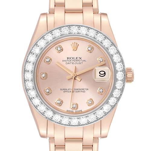 This image shows a close-up view of a Rolex Pearlmaster 81285 Women's Rose Gold Pink Dial 81285 Women's Rose Gold Pink Dial watch face and part of the bracelet.