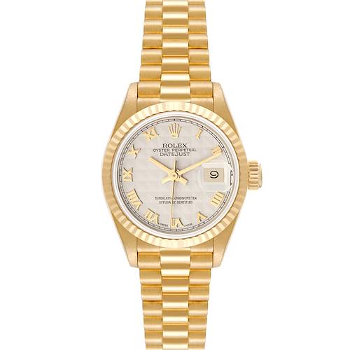 This image shows a front-facing Rolex President 69178 Women's Yellow Gold Silver Dial 69178 Women's Yellow Gold Silver Dial model watch, featuring its gold bracelet, fluted bezel, and date window at 3 o'clock.