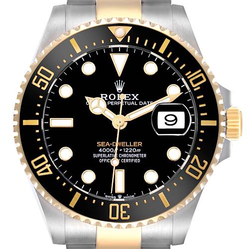 The image shows the Rolex Sea-Dweller 126603 Men's Steel and Gold (two tone) Black Dial watch from a front view, highlighting its dial, bezel, crown, and part of the bracelet.