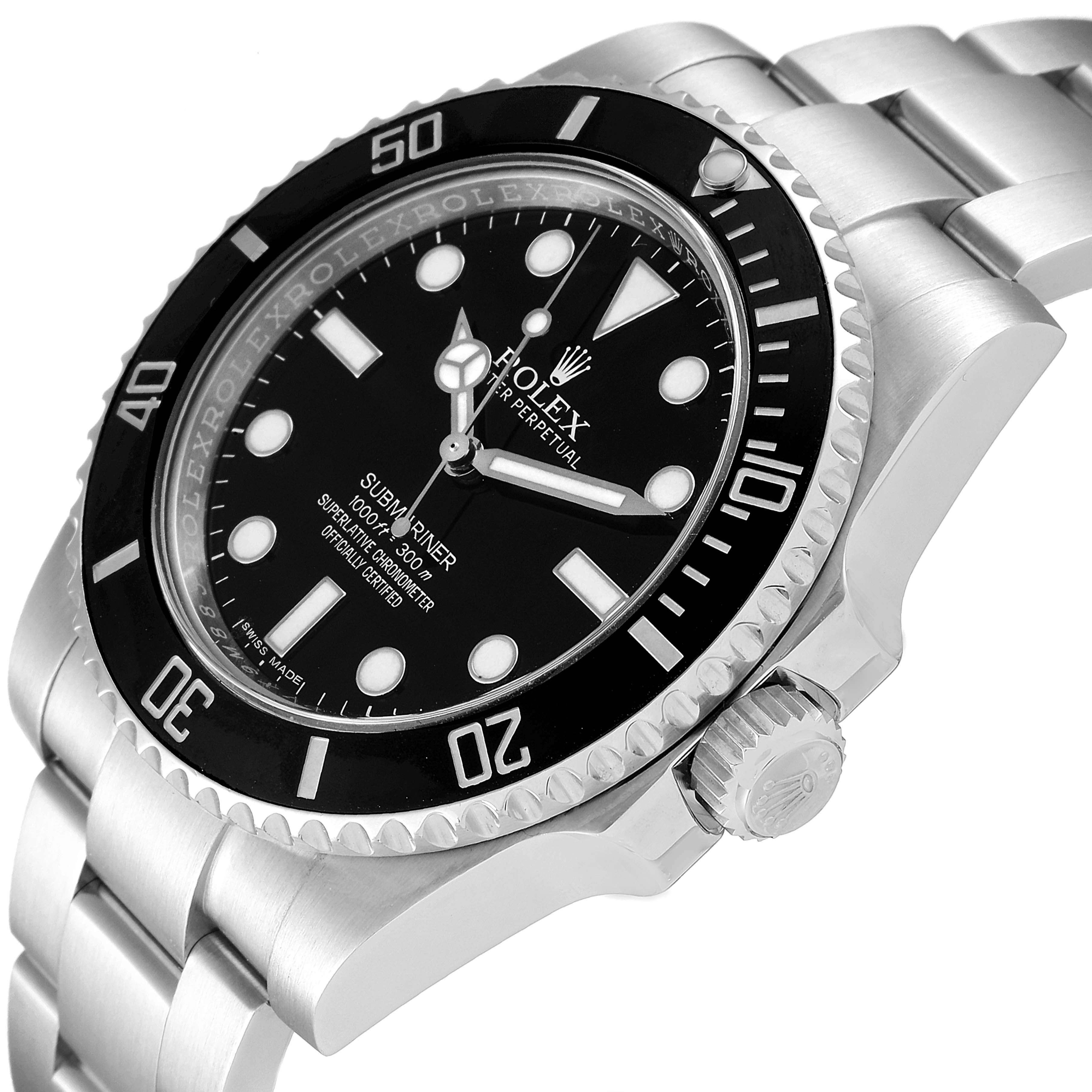 The image shows a close-up angle of the Rolex Submariner 114060 Men's Stainless Steel Black Dial 114060 Men's Stainless Steel Black Dial, highlighting the dial, bezel, crown, and part of the bracelet.