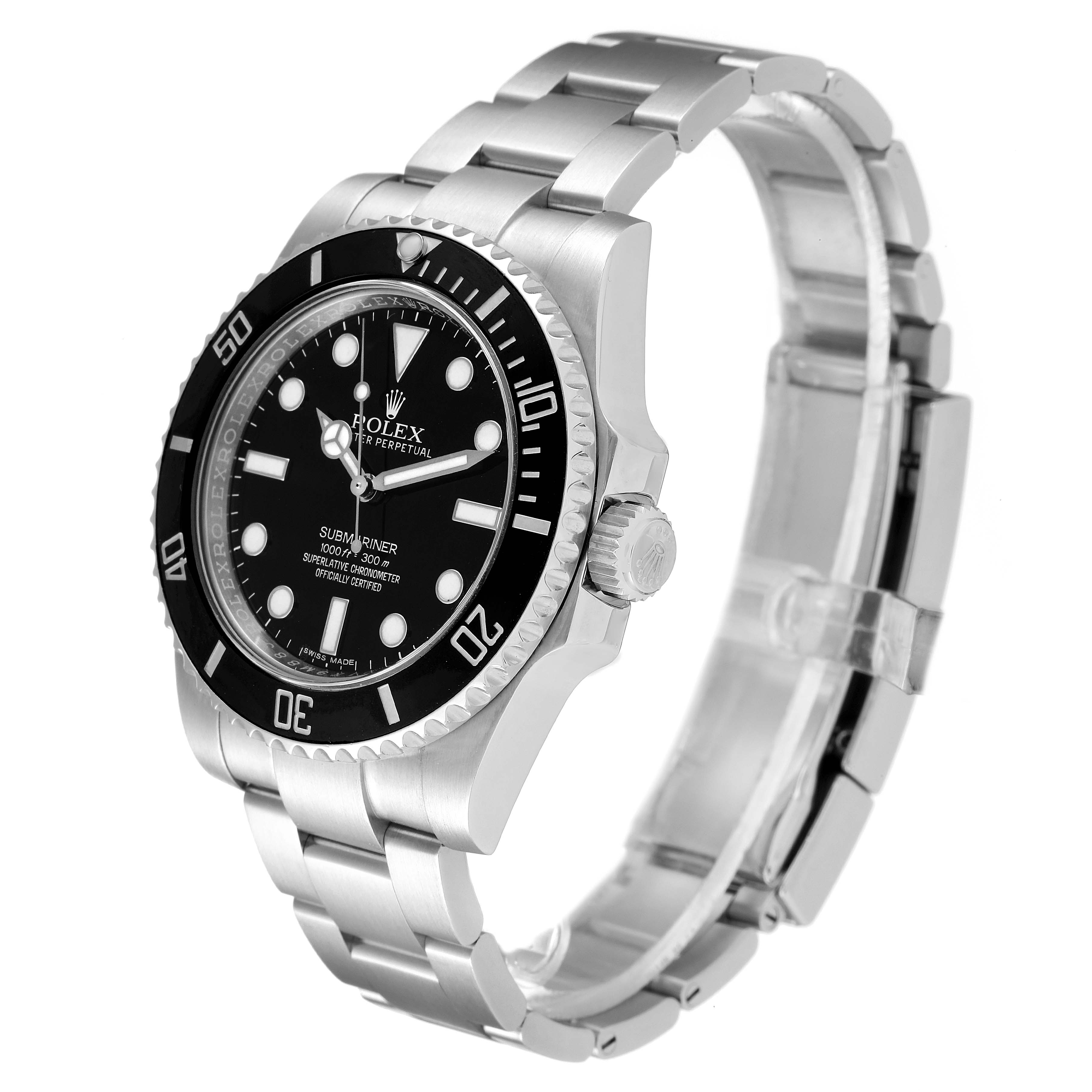 The Rolex Submariner 114060 Men's Stainless Steel Black Dial 114060 Men's Stainless Steel Black Dial watch is shown at a slight angle, displaying its face, bezel, crown, and metal bracelet.