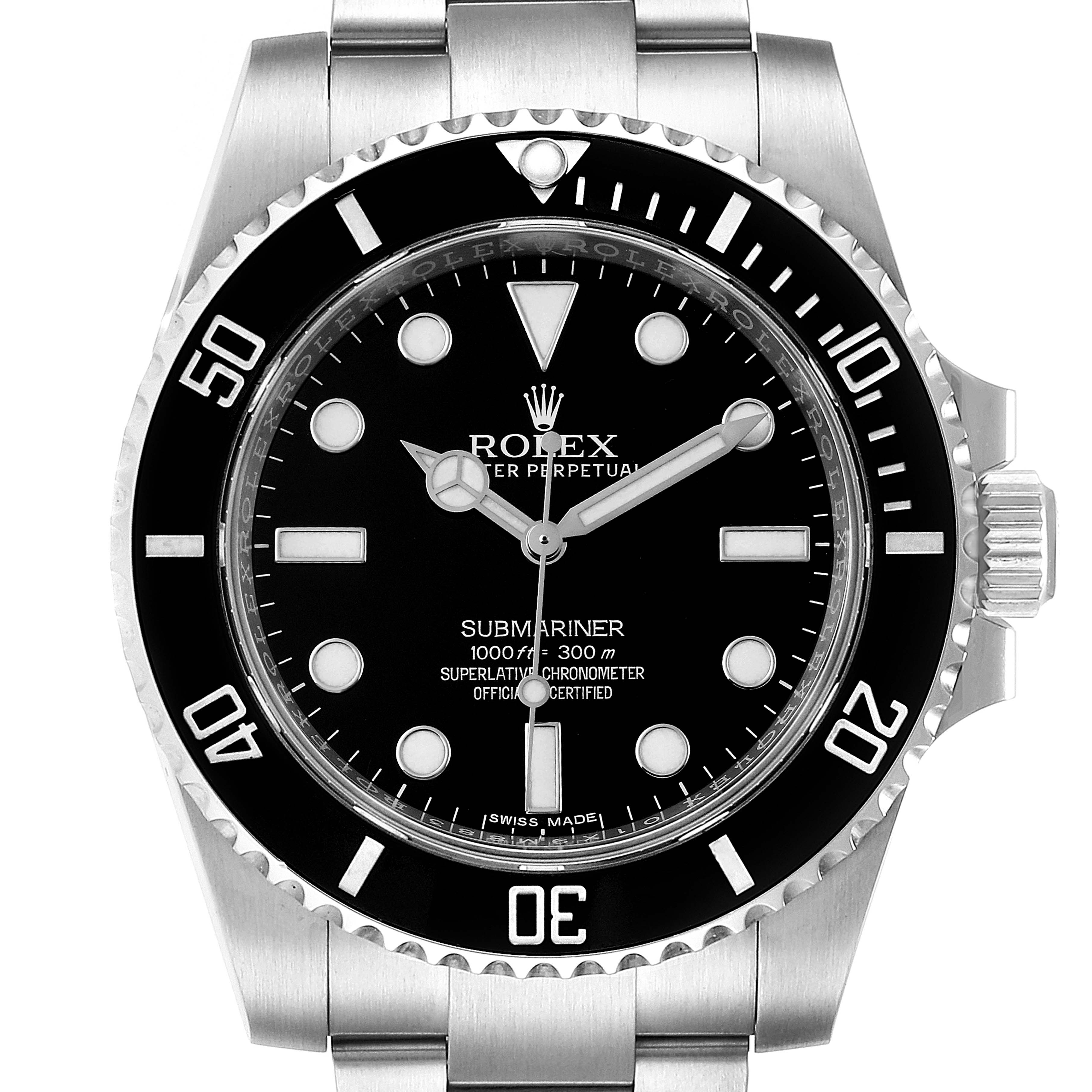 This image shows a front view of a Rolex Submariner 114060 Men's Stainless Steel Black Dial 114060 Men's Stainless Steel Black Dial watch, featuring its dial, bezel, and part of the bracelet.