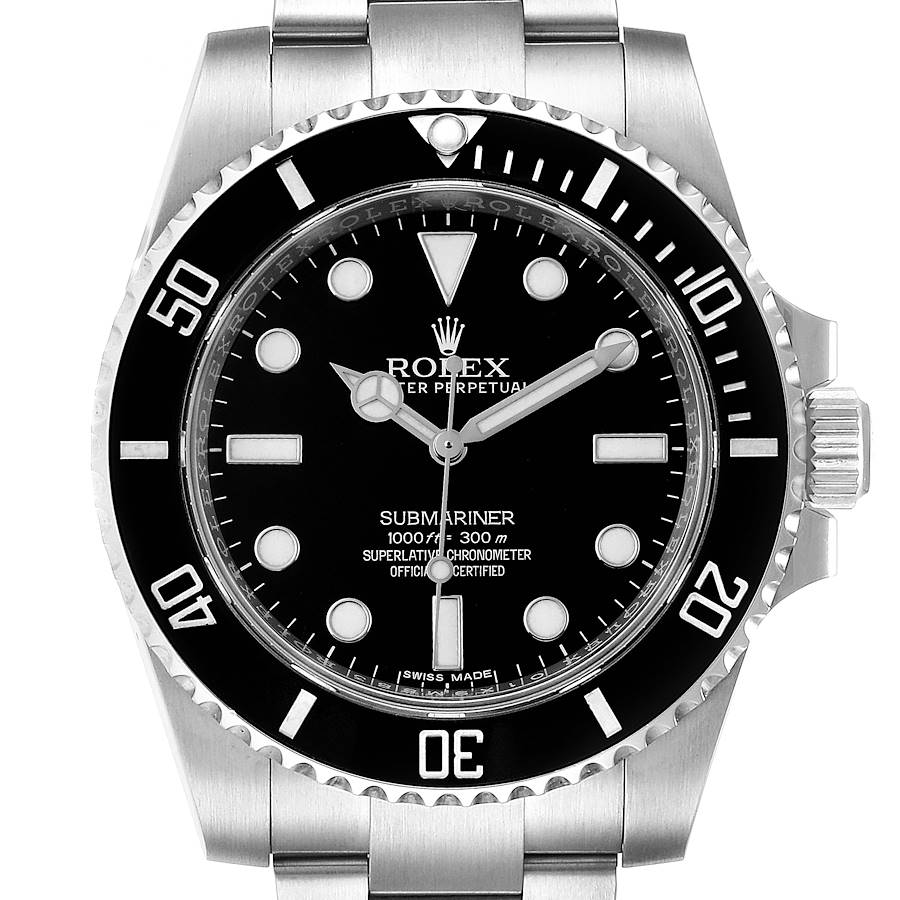 This image shows a front view of a Rolex Submariner 114060 Men's Stainless Steel Black Dial 114060 Men's Stainless Steel Black Dial watch, featuring its dial, bezel, and part of the bracelet.