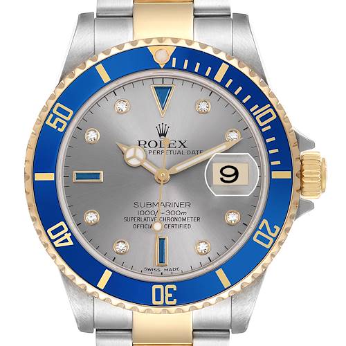 The image shows a front view of the Rolex Submariner 16613 Men's Steel and Gold (two tone) Grey Dial watch, highlighting its bezel, dial, crown, and bracelet.