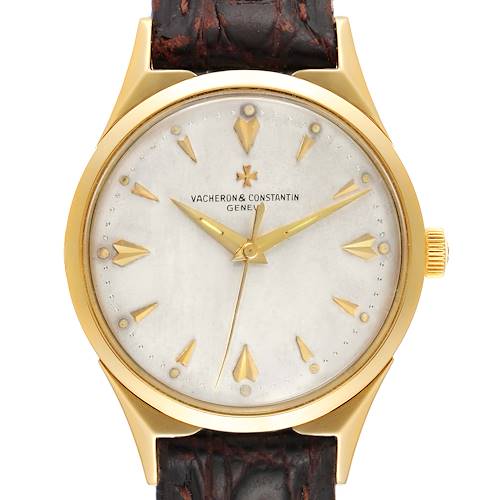 The image shows a front view of a Vintage Vacheron Constantin watch, featuring its dial, markers, hands, case, crown, and strap.