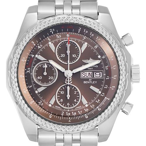 The Breitling Bentley A13362 Men's Stainless Steel Brown Dial watch is shown from a front angle, displaying its face, bezel, and part of the bracelet.