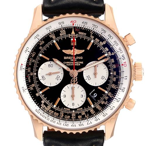 The Breitling Navitimer RB0120 Men's Rose Gold Black Dial watch is shown from the front, displaying the dial, bezel, subdials, and leather strap.