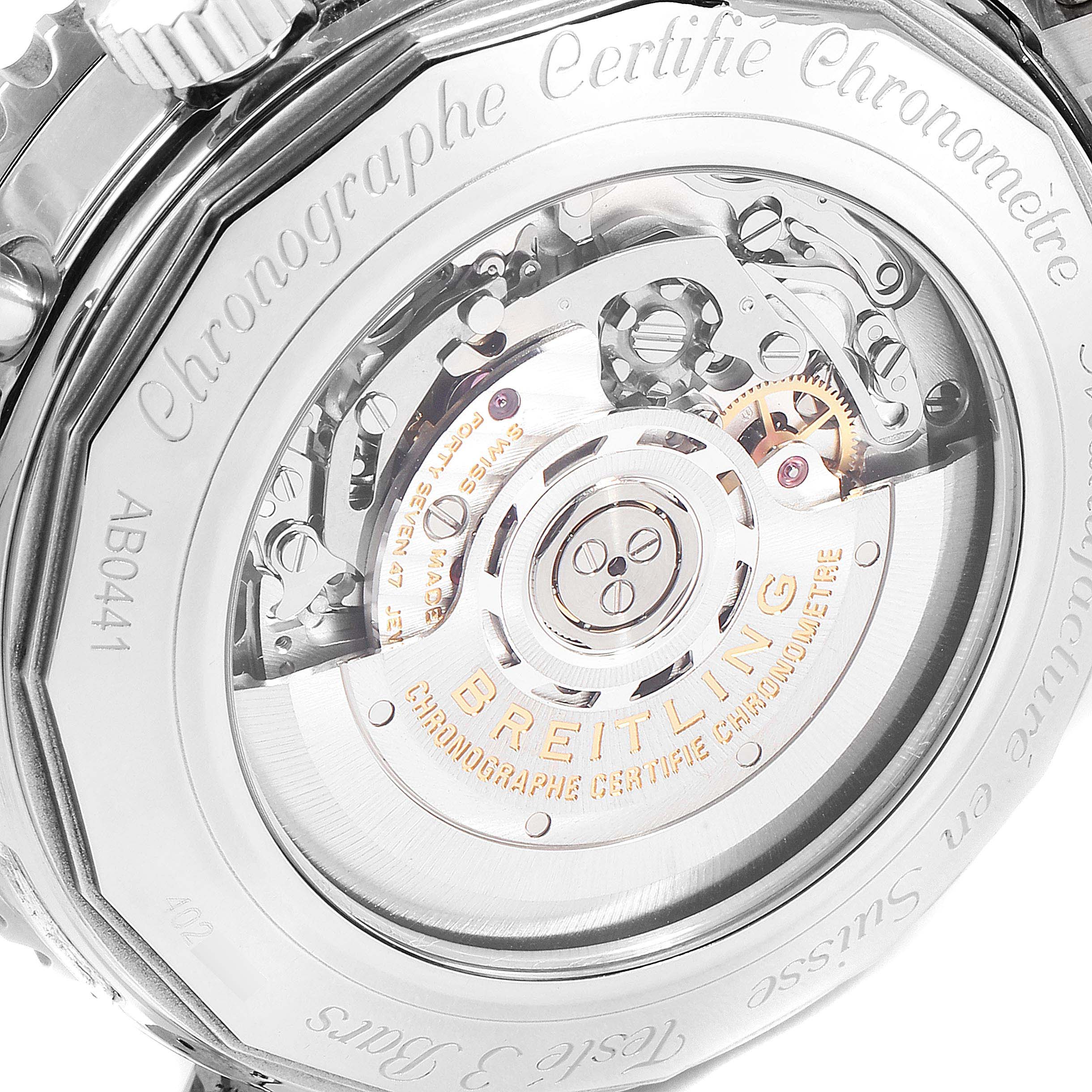 The image shows the case back view of a Breitling Navitimer AB044121/BD24/443A Men's Stainless Steel Black Dial AB044121/BD24/443A Men's Stainless Steel Black Dial, highlighting its internal mechanics and inscriptions.