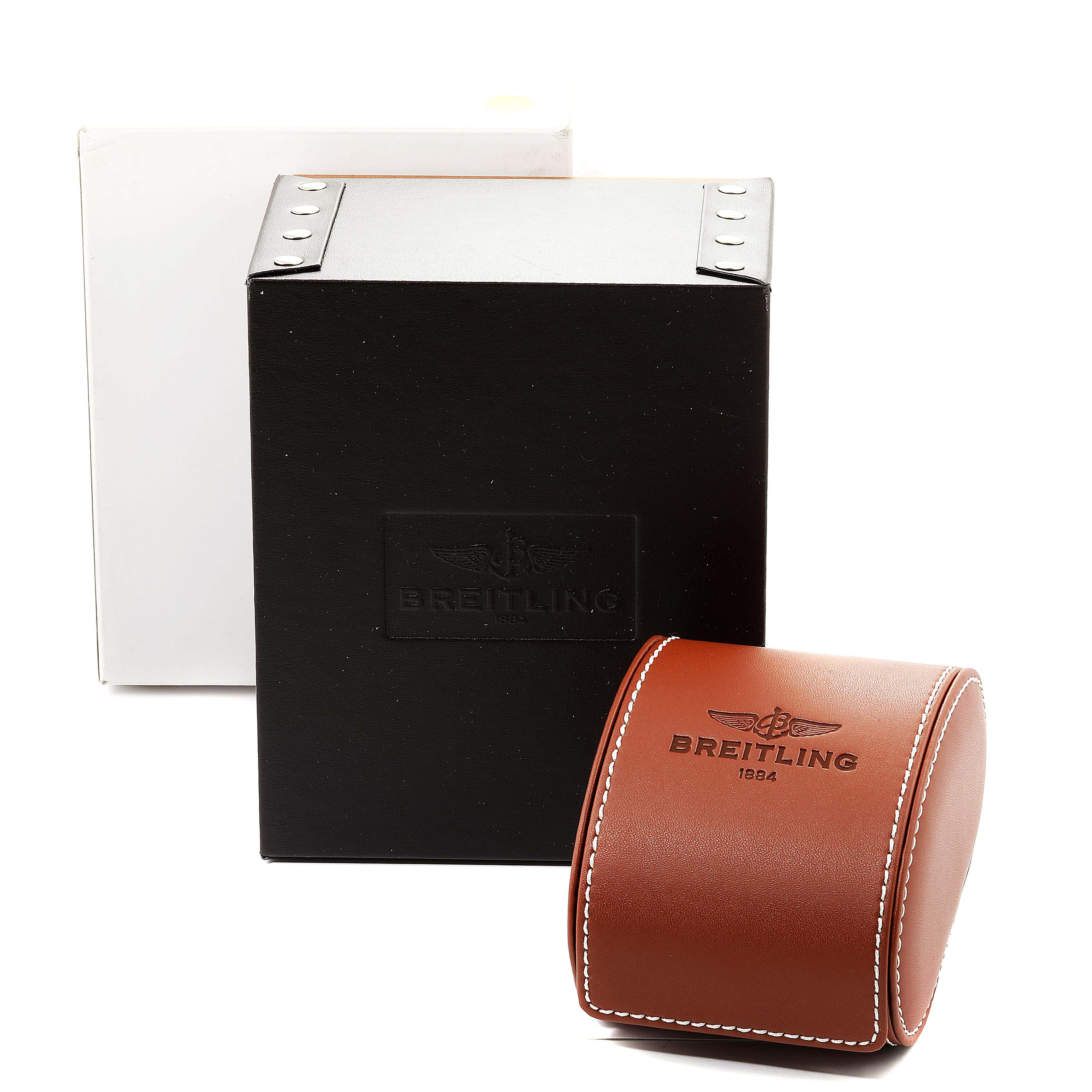 The image shows the packaging for a Breitling Navitimer AB044121/BD24/443A Men's Stainless Steel Black Dial AB044121/BD24/443A Men's Stainless Steel Black Dial watch, including a black box, a white outer box, and a brown leather case.