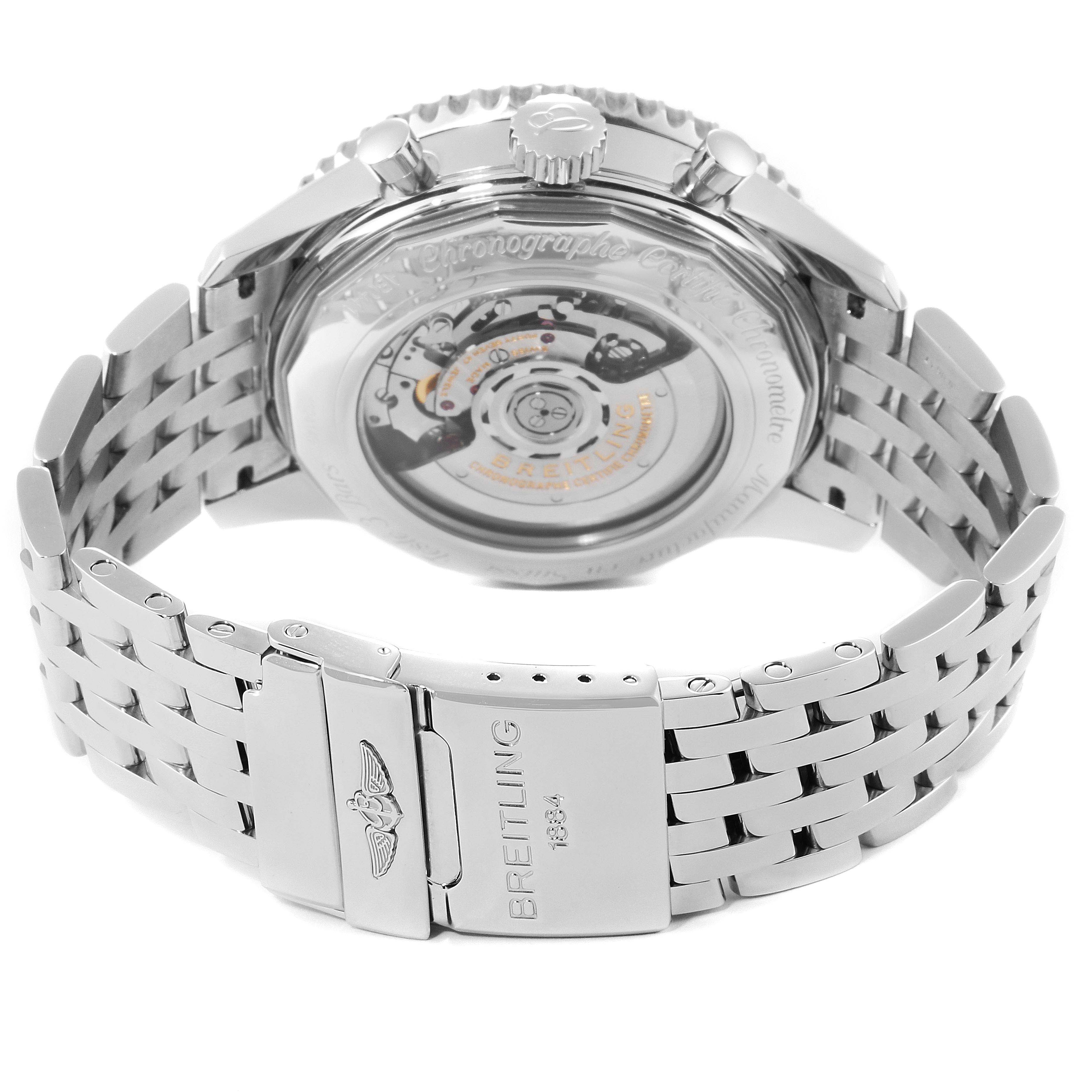 The image shows the backside and bracelet of a Breitling Navitimer AB044121/BD24/443A Men's Stainless Steel Black Dial AB044121/BD24/443A Men's Stainless Steel Black Dial watch.