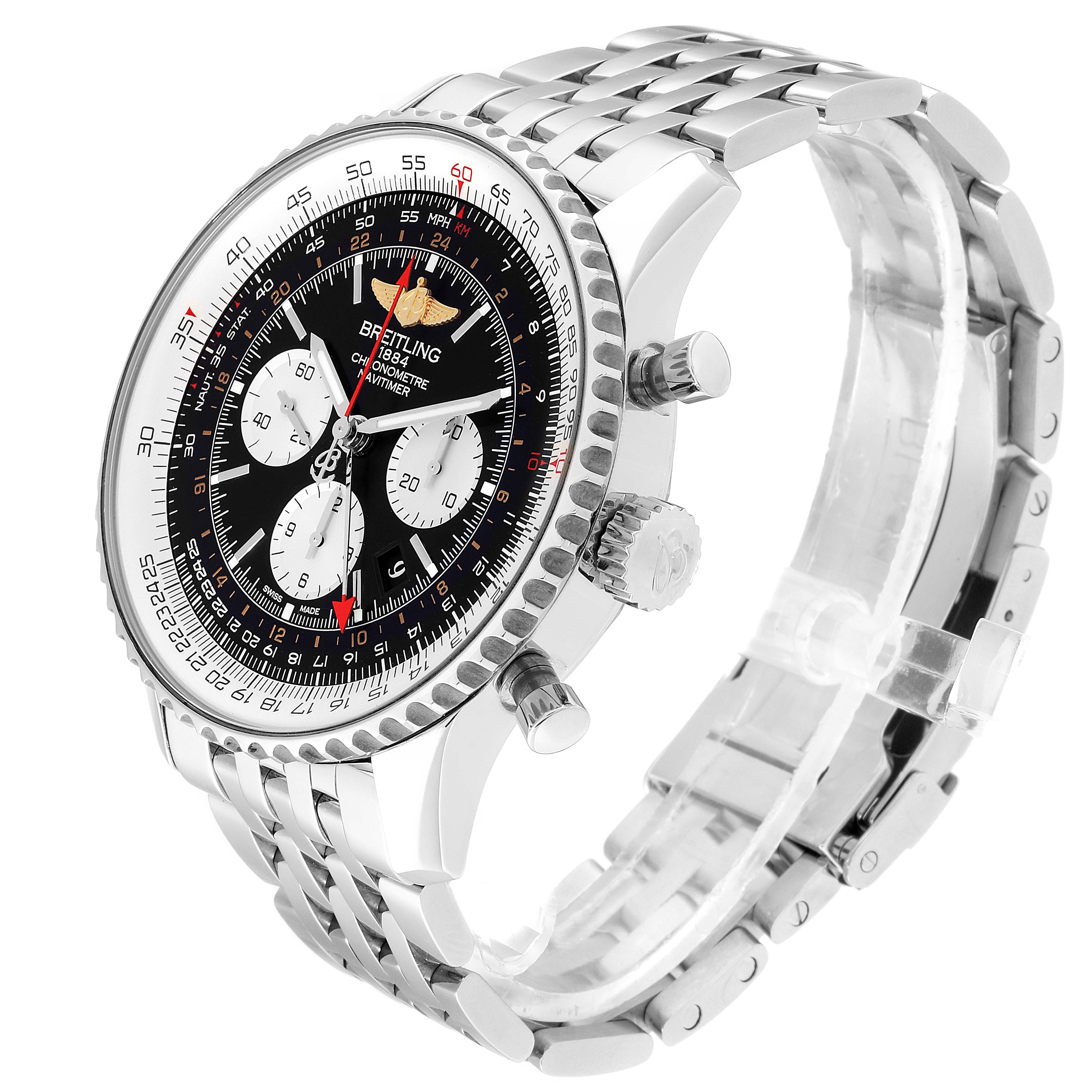 The Breitling Navitimer AB044121/BD24/443A Men's Stainless Steel Black Dial AB044121/BD24/443A Men's Stainless Steel Black Dial watch is shown at a front-side angle, showcasing its dial, bezel, crown, pushers, and stainless steel bracelet.