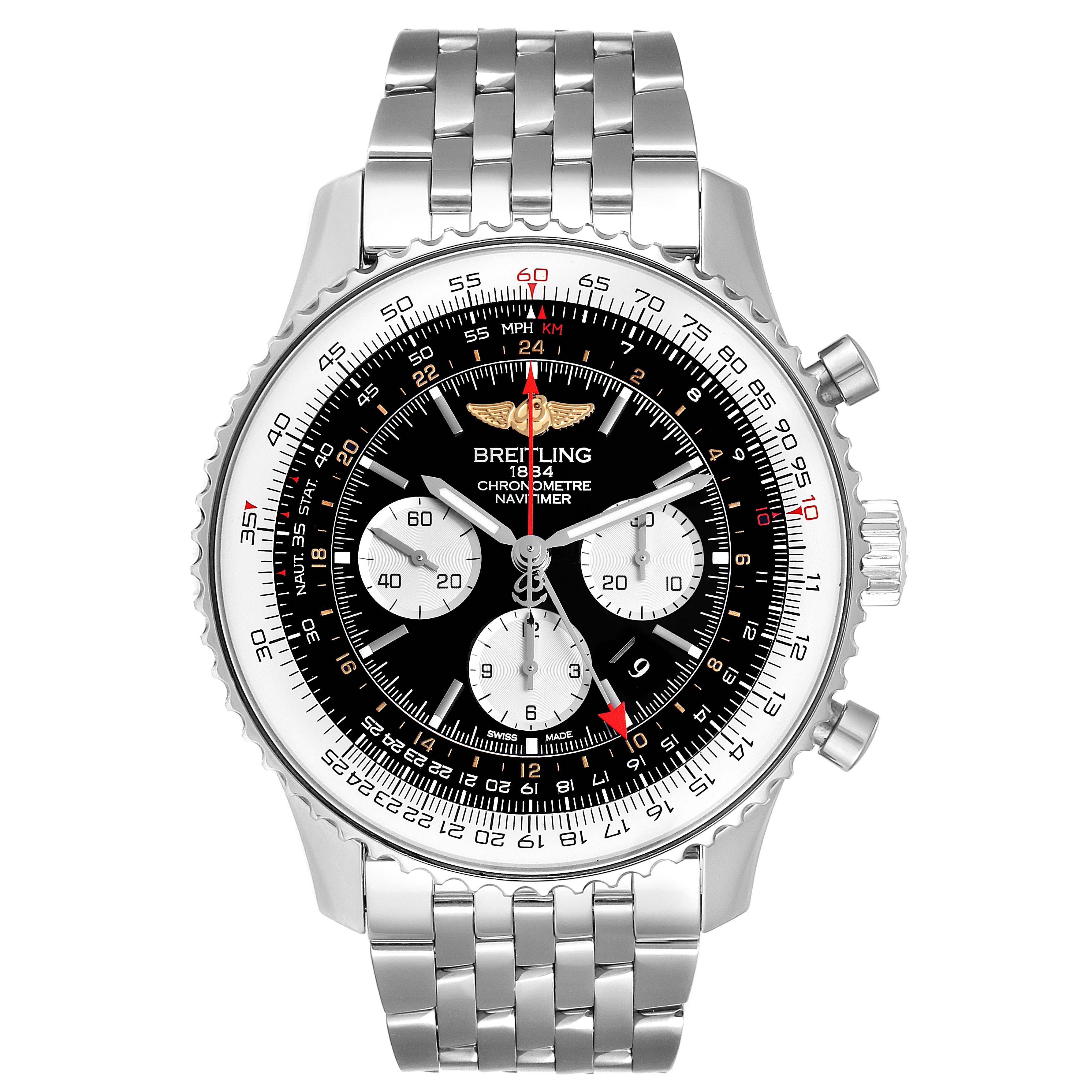 The image shows a front view of the Breitling Navitimer AB044121/BD24/443A Men's Stainless Steel Black Dial AB044121/BD24/443A Men's Stainless Steel Black Dial watch, highlighting its dial, chronograph subdials, and stainless steel bracelet.