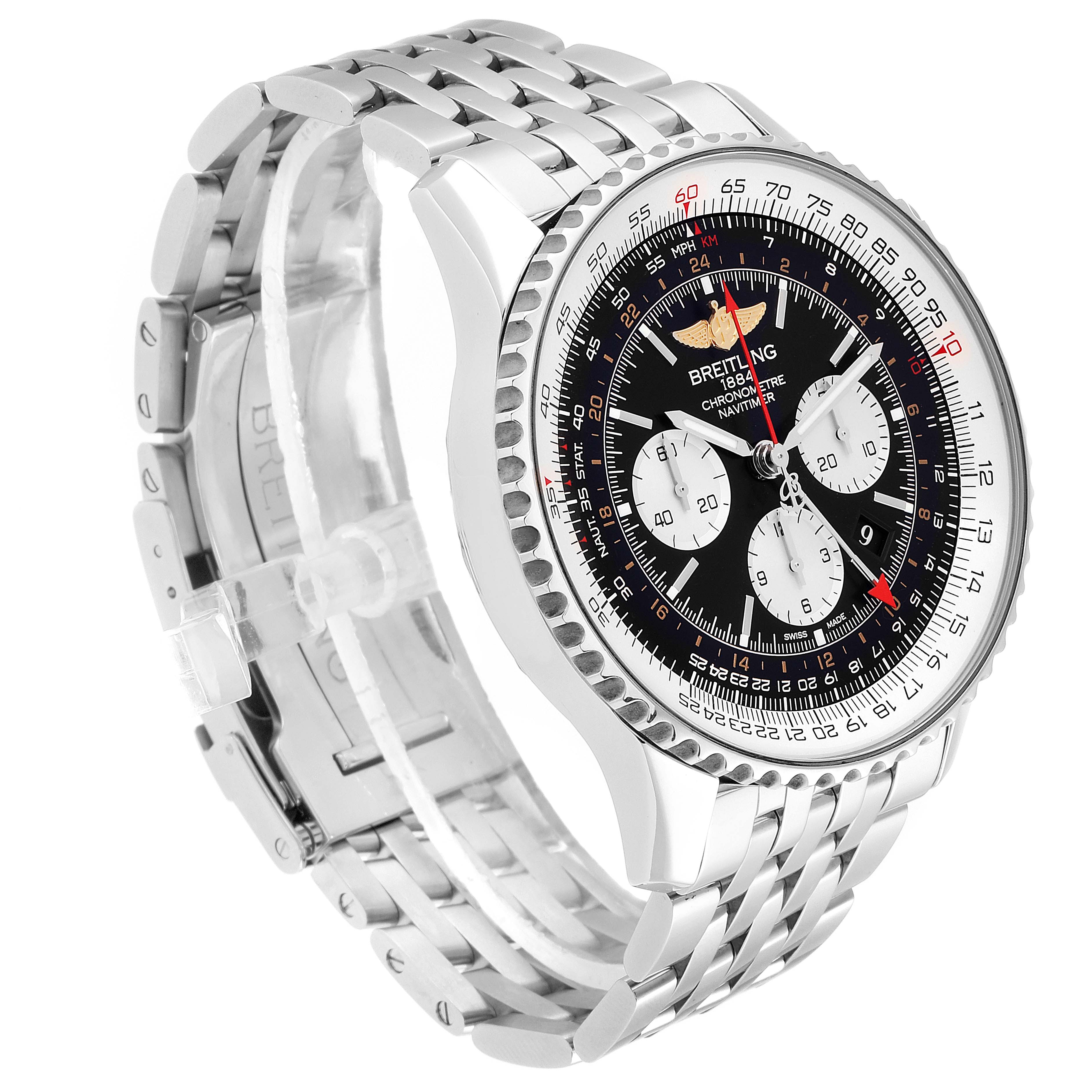 The image shows the Breitling Navitimer AB044121/BD24/443A Men's Stainless Steel Black Dial AB044121/BD24/443A Men's Stainless Steel Black Dial watch from an oblique angle, highlighting the face, bezel, and bracelet.