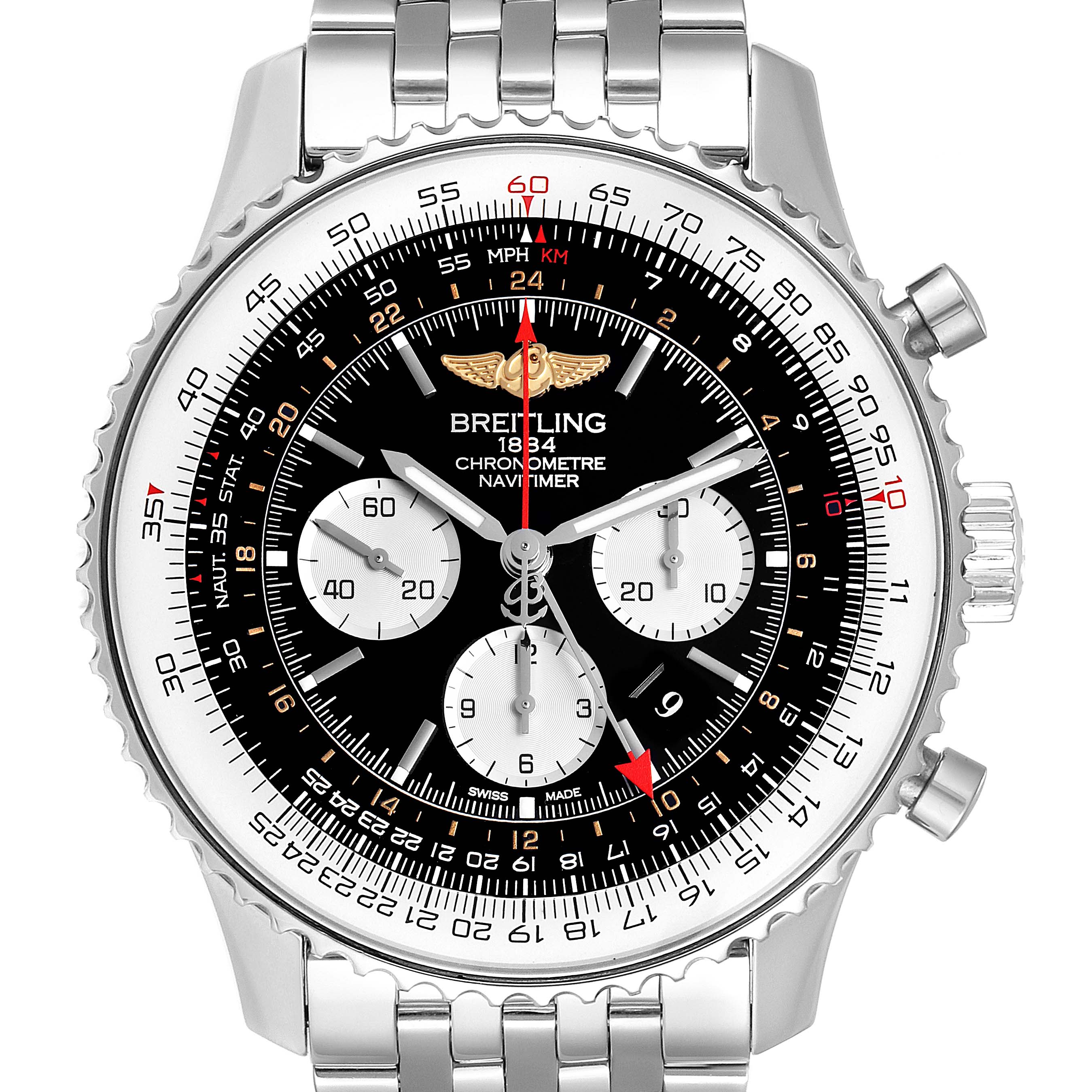 The image shows a front view of the Breitling Navitimer AB044121/BD24/443A Men's Stainless Steel Black Dial AB044121/BD24/443A Men's Stainless Steel Black Dial watch, displaying its dial, bezel, chronograph subdials, and bracelet.