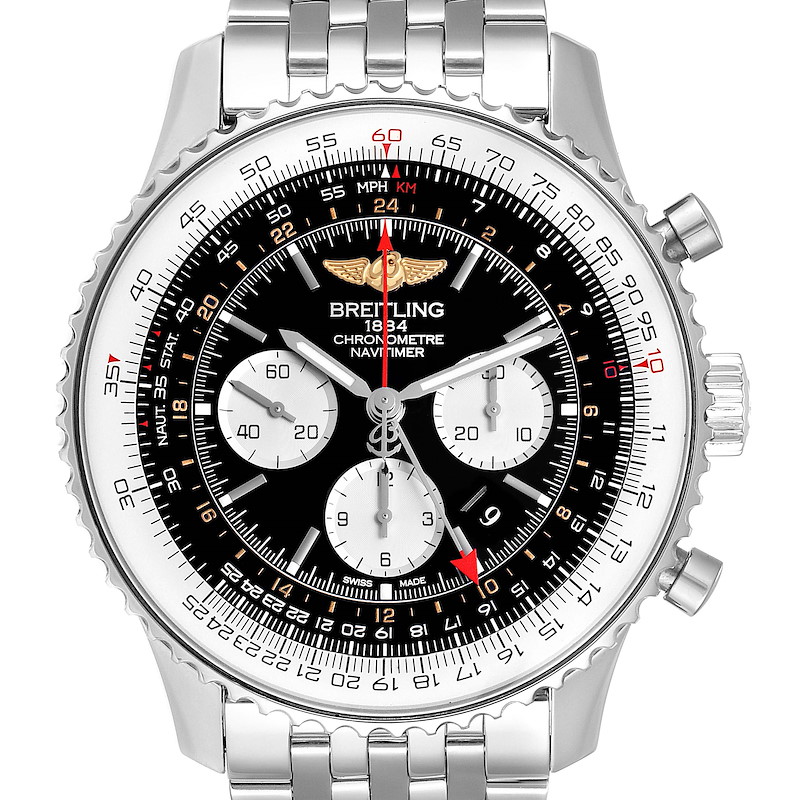 The image shows a front view of the Breitling Navitimer AB044121/BD24/443A Men's Stainless Steel Black Dial AB044121/BD24/443A Men's Stainless Steel Black Dial watch, displaying its dial, bezel, chronograph subdials, and bracelet.