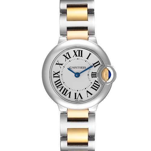 This photo shows a front view of the Cartier Ballon Bleu W69007Z3 Women's Steel and Gold (two tone) Silver Dial W69007Z3 Women's Steel and Gold (two tone) Silver Dial watch, highlighting the face, Roman numeral markers, and part of the two-tone bracelet.
