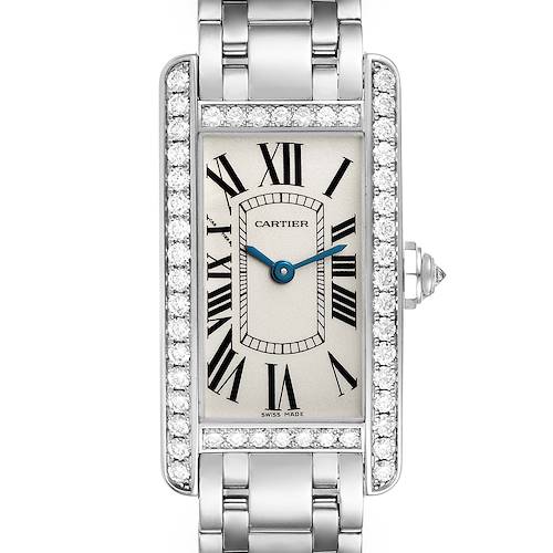 The Cartier Tank Americaine WB7073L1 Women's Stainless Steel Silver Dial WB7073L1 Women's Stainless Steel Silver Dial watch is shown from the front, displaying its rectangular face, Roman numerals, and diamond-studded bezel.