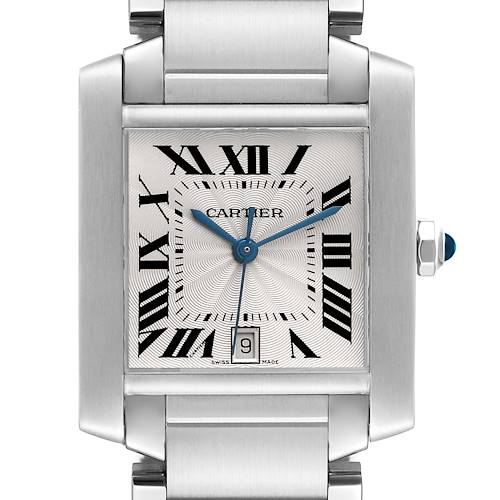This image shows a frontal view of a Cartier Tank Francaise W51002Q3 Men's Stainless Steel Silver Dial W51002Q3 Men's Stainless Steel Silver Dial watch, displaying the dial, hands, and part of the bracelet.