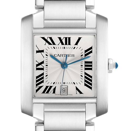 The Cartier Tank Francaise W51002Q3 Men's Stainless Steel Silver Dial watch is shown from a front angle, highlighting the face, bracelet, and crown.