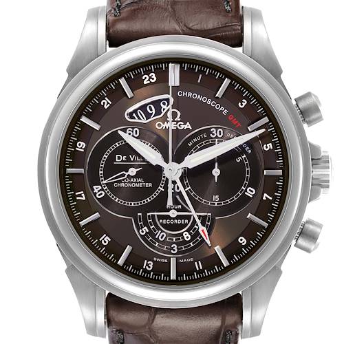 The Omega De Ville 422.13.44.52.13.001 Men's Stainless Steel Brown Dial watch is shown from the front, highlighting the dial, hands, subdials, and crown on the right side.