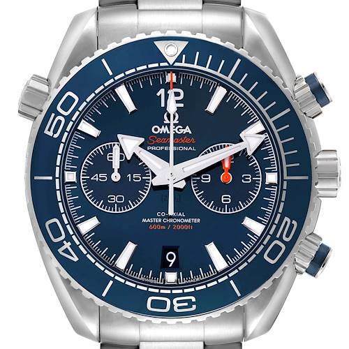 The image shows a front view of an Omega Planet Ocean 215.30.46.51.03.001 Men's Stainless Steel Blue Dial watch, highlighting its dial, bezel, and chronograph buttons.