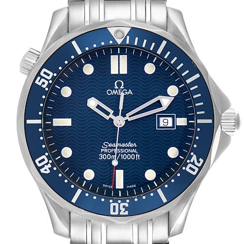 The Omega Seamaster 2541.80.00 Men's Stainless Steel Blue Dial watch is shown from the front, featuring its blue dial, date window, and stainless steel bracelet.