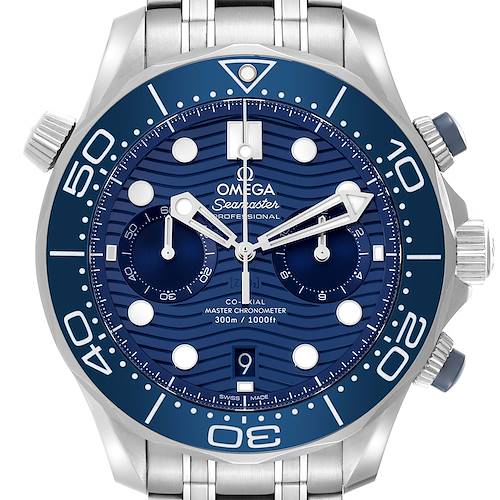 The image shows a front view of the Omega Seamaster 210.30.44.51.06.001 Men's Stainless Steel Blue Dial 210.30.44.51.06.001 Men's Stainless Steel Blue Dial watch, highlighting the dial, bezel, and part of the bracelet.