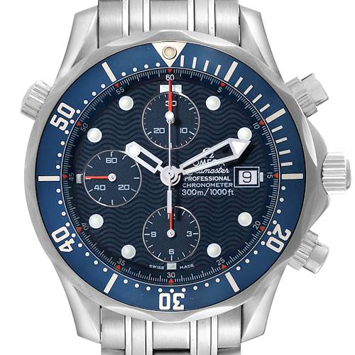 This Omega Seamaster 2599.80.00 Men's Stainless Steel Blue Dial watch is shown from a front angle, displaying its dial, bezel, chronograph sub-dials, and stainless steel bracelet.