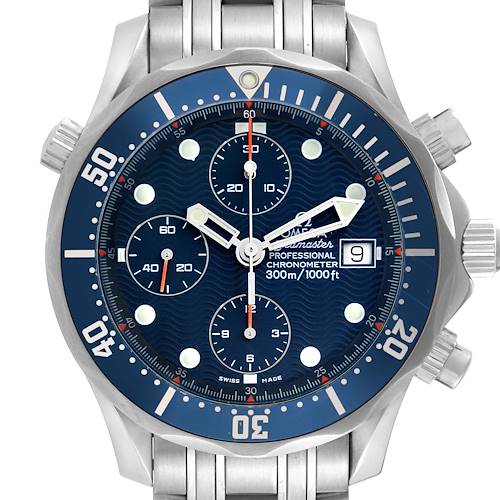 The Omega Seamaster 2599.80.00 Men's Stainless Steel Blue Dial watch is shown from the front, highlighting its blue dial, chronograph subdials, date window, and bezel.