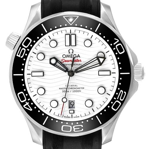 The image shows a front view of an Omega Seamaster 210.32.42.20.04.001 Men's Stainless Steel White Dial watch, highlighting the dial, bezel, and crown.
