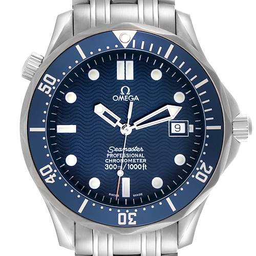 The Omega Seamaster 2531.80.00 Men's Stainless Steel Blue Dial watch is shown from the front, highlighting the dial, bezel, and bracelet links.