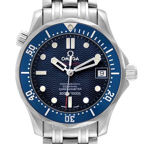 The image shows the Omega Seamaster 2222.80.00 Men's Stainless Steel Blue Dial watch from the front, highlighting the dial, bezel, bracelet, crown, and date window.