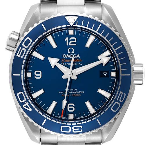 The image shows a front view of the Omega Seamaster Planet Ocean watch displaying the dial, hands, bezel, and part of the stainless steel bracelet.