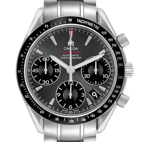 The Omega Speedmaster 323.30.40.40.06.001 Men's Stainless Steel Grey Dial watch is shown from the front, highlighting the dial, subdials, tachymeter bezel, and part of the bracelet.