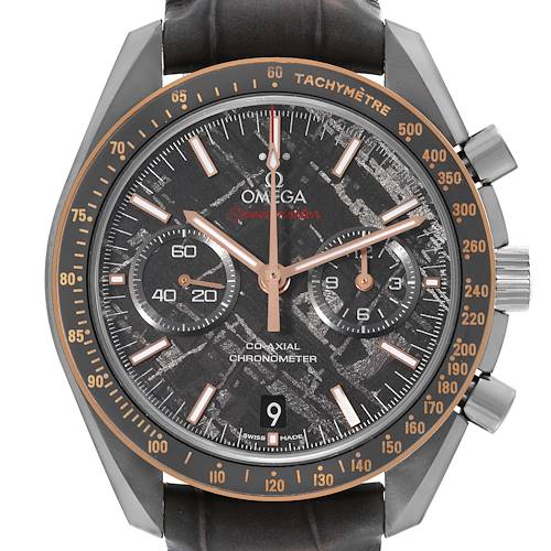 This image shows a frontal view of the Omega Speedmaster 311.63.44.51.99.001 Men's Ceramic Grey Dial 311.63.44.51.99.001 Men's Ceramic Grey Dial watch, highlighting its dial, bezel, sub-dials, and pushers.