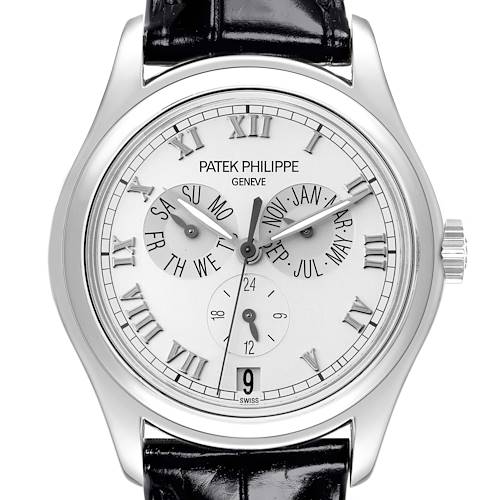 This image shows a front view of the Patek Philippe Complications 5035P-026 Men's Platinum Silver Dial 5035P-026 Men's Platinum Silver Dial model watch, featuring subdials and a date window.