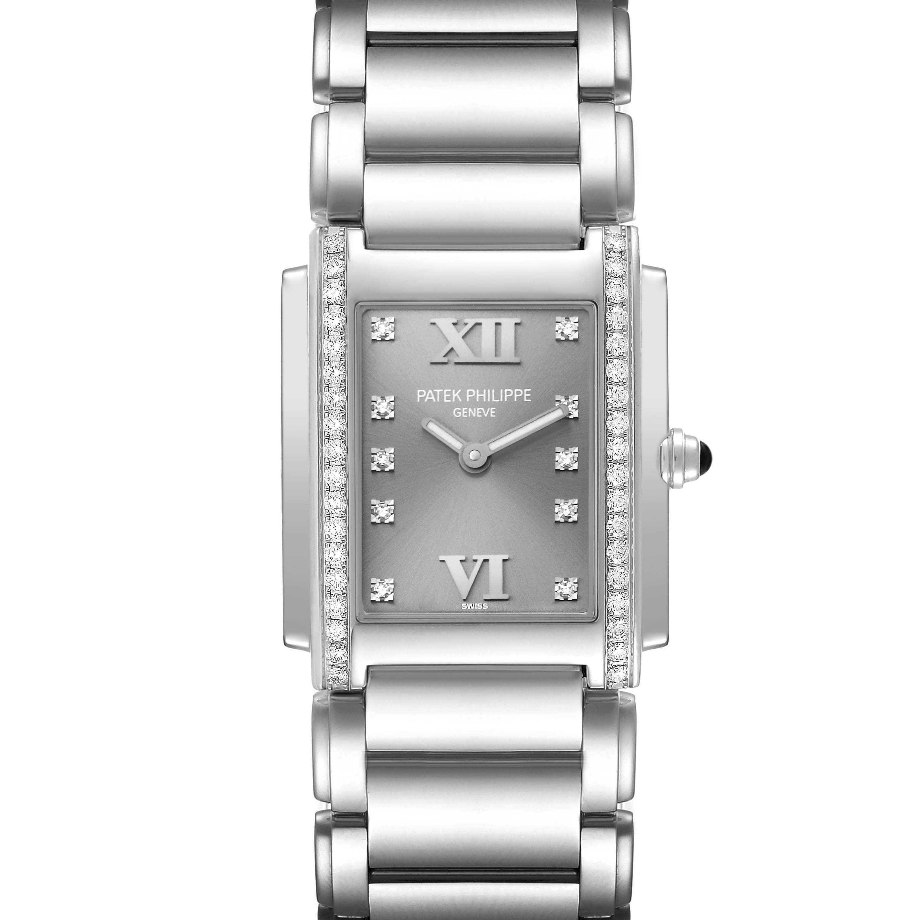 The image shows a front view of the Patek Philippe Twenty-4 4910/10 Women's Stainless Steel Grey Dial 4910/10 Women's Stainless Steel Grey Dial watch, highlighting the face, bracelet, and crown.