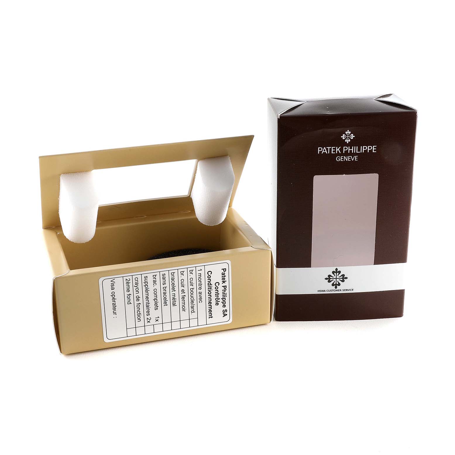 The image shows the packaging of Patek Philippe's Twenty-4 model watch, including an open box with foam inserts.