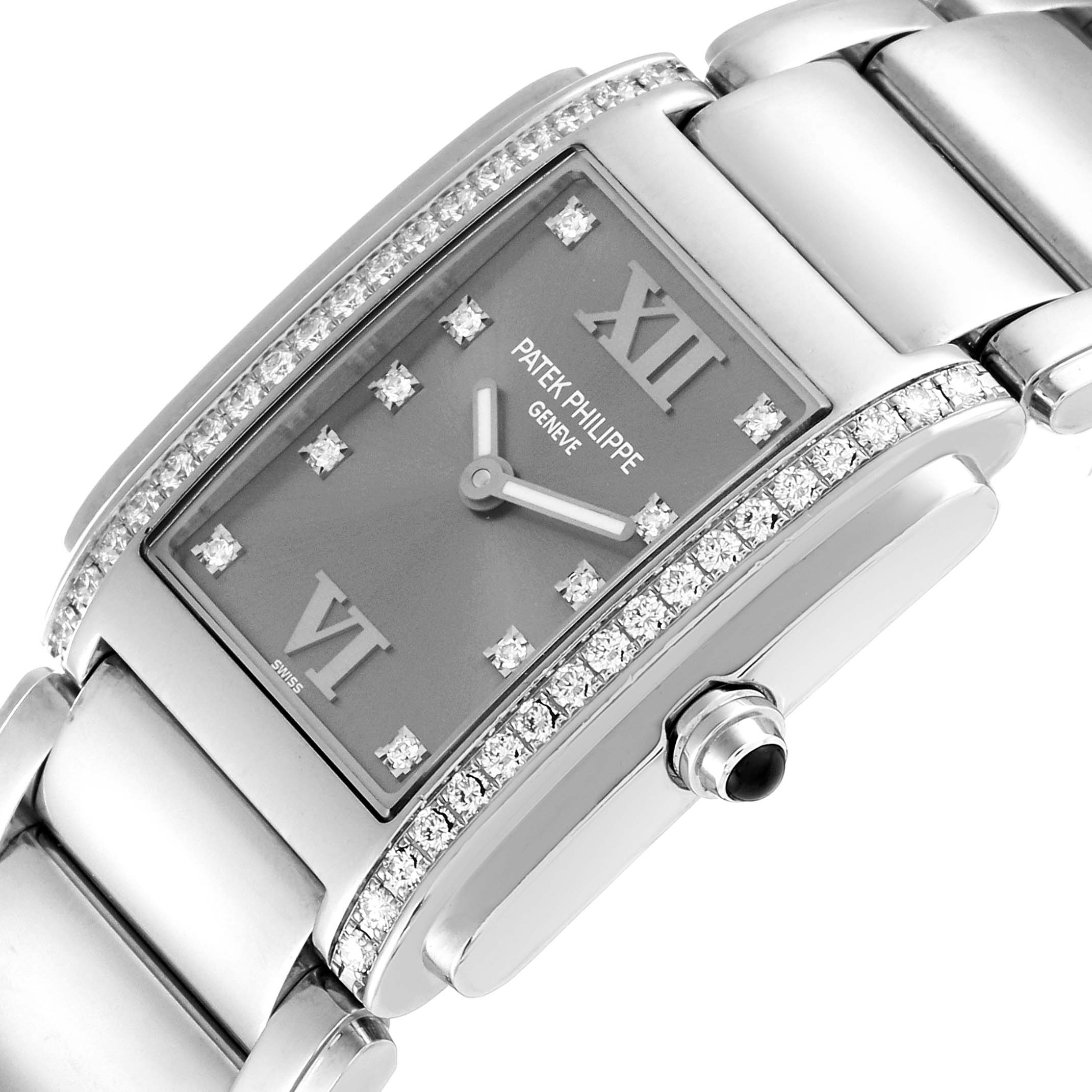 The image shows a close-up angled view of the dial, bezel, crown, and part of the bracelet of the Patek Philippe Twenty-4 4910/10 Women's Stainless Steel Grey Dial 4910/10 Women's Stainless Steel Grey Dial watch.