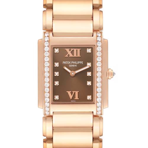 The image shows a frontal view of the Patek Philippe Twenty-4 4910/11R Women's Rose Gold Brown Dial 4910/11R Women's Rose Gold Brown Dial watch, highlighting the dial, case, and part of the bracelet.